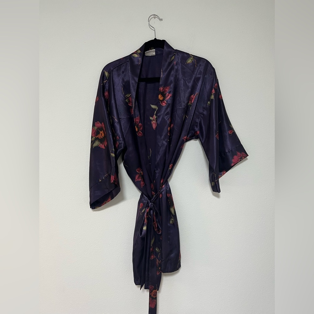 Delicates Satin Floral Robe - Deep Purple - Picture 1 of 6